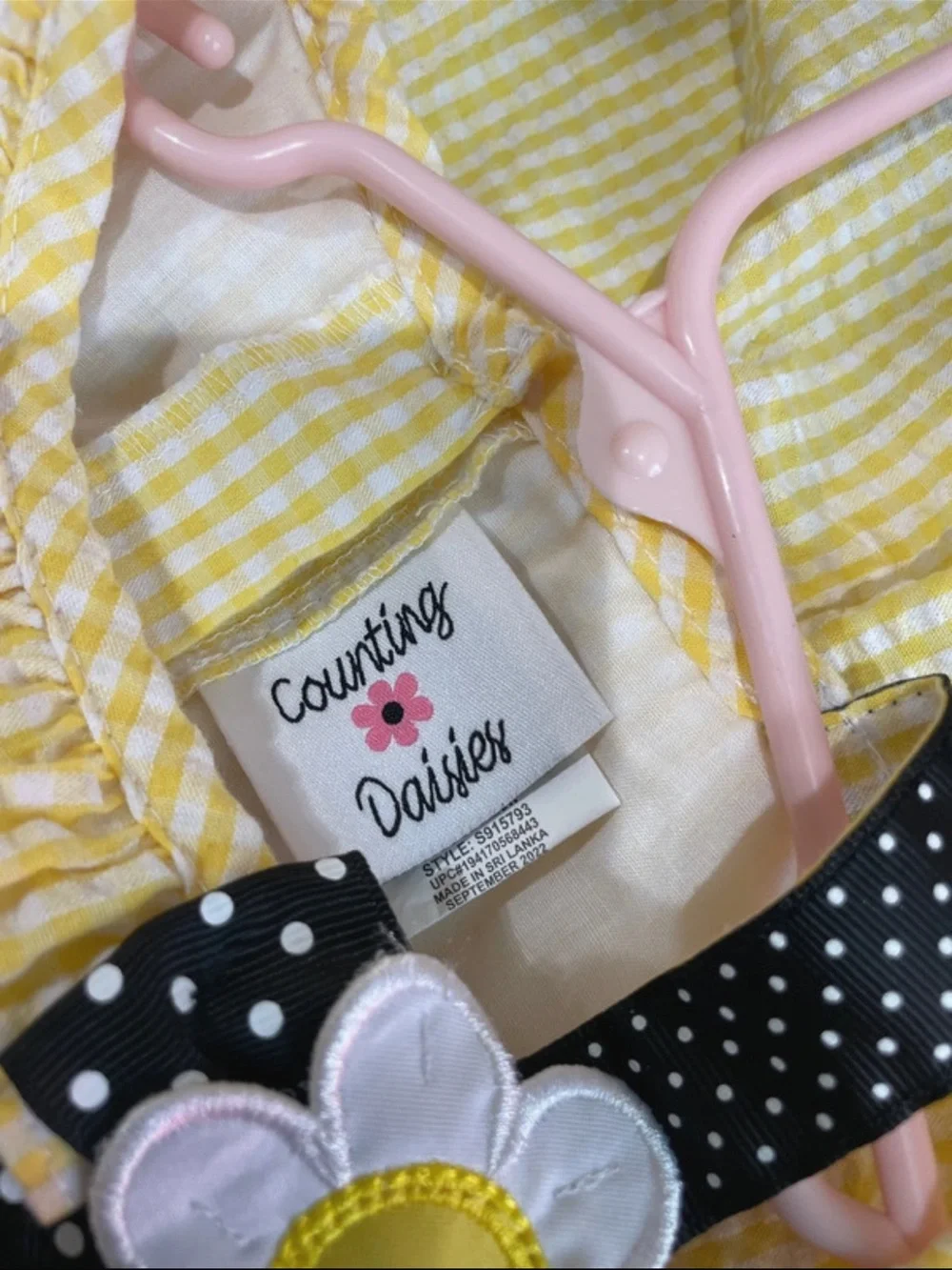 Girls Yellow Gingham Bee Dress with Navy Polka Dot Trim